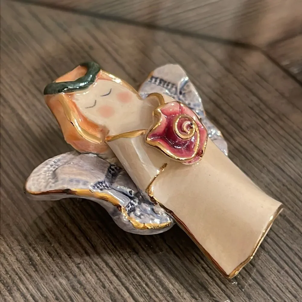Vintage Ceramic Lusterware Angel with Rose Brooch Lapel Pin